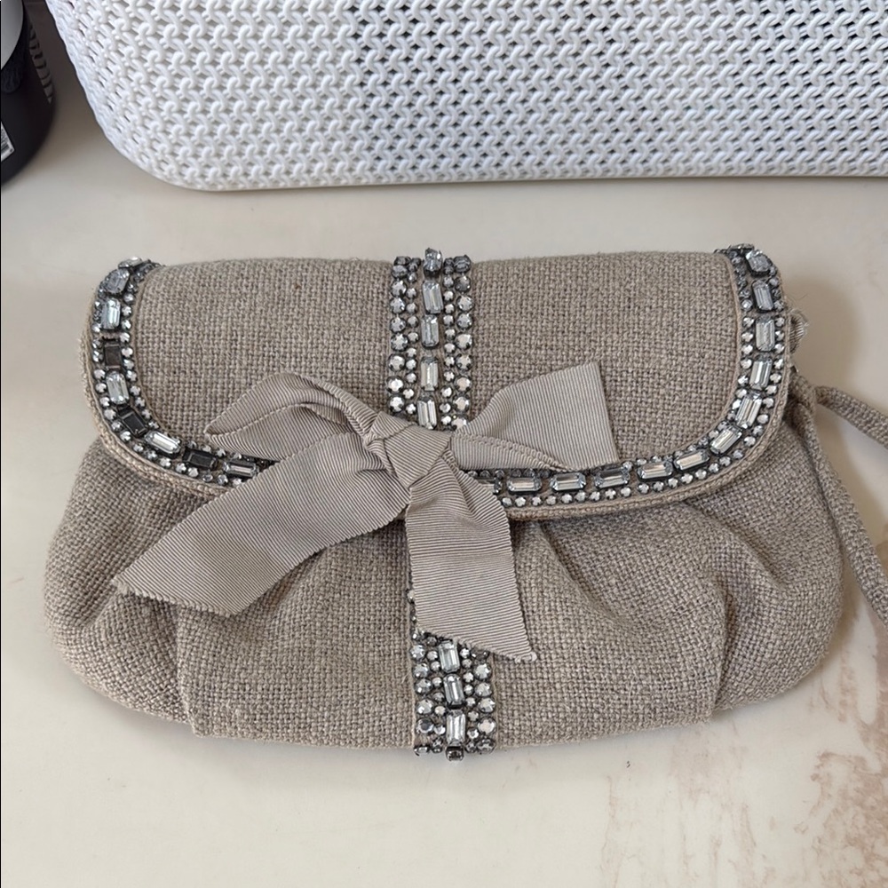 J. Crew Taupe Bow & Rhinestone Accent Clutch/Wristlet